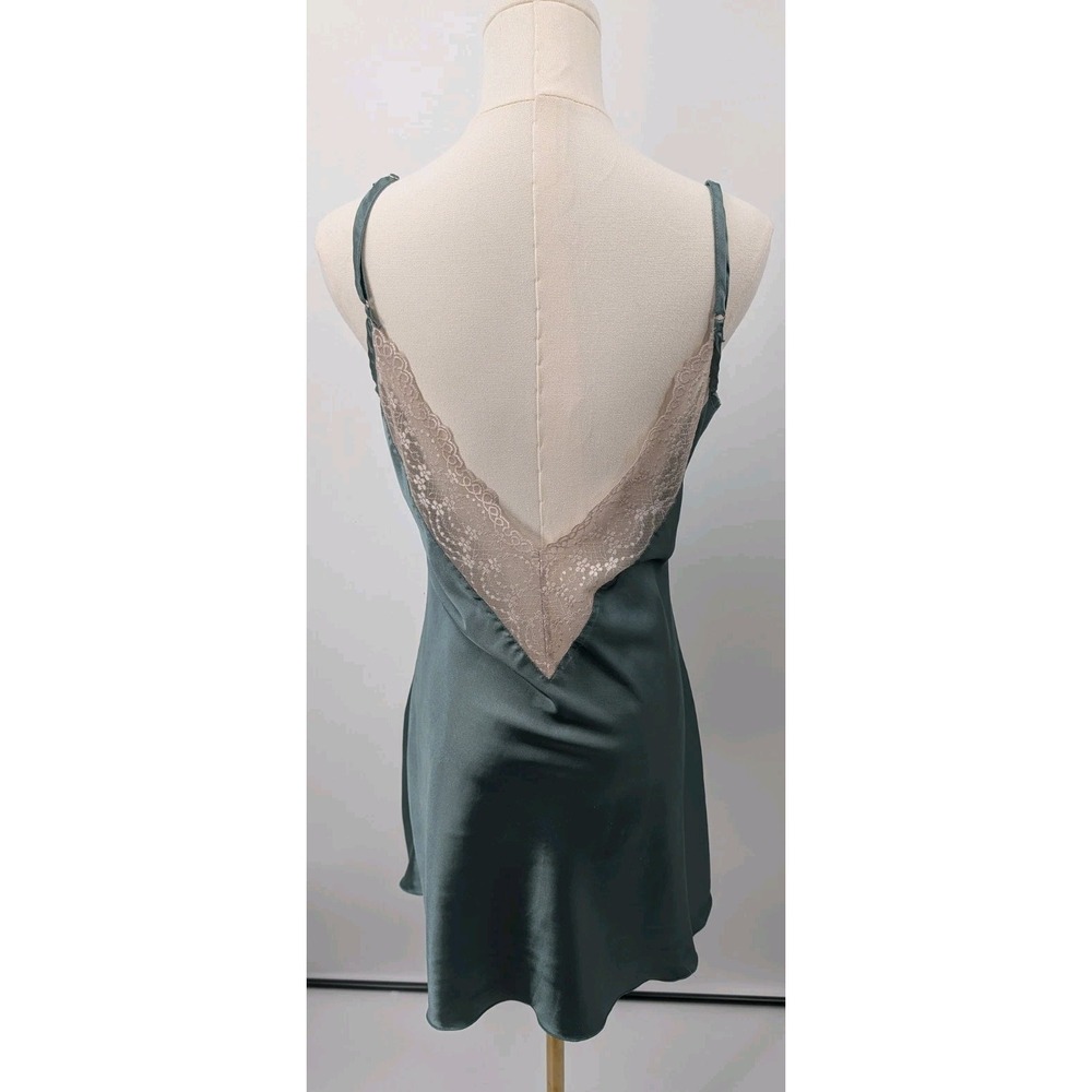 Green Satin & Cream Lace Mini Dress Size M Deep V Neck Slip Sleepwear Romantic - Picture 4 of 9